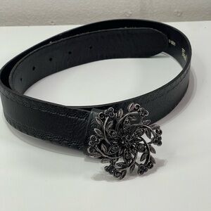 Fossil Medallion Flower Rhinestone Black Buckle Belt Genuine Leather Women S